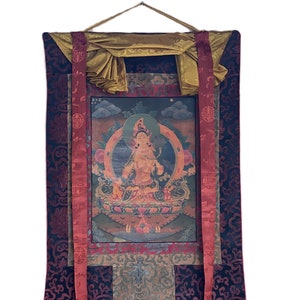 Original Hand-painted White Tara/ Mother Goddess/ Old Oil-Varnished Tibetan Thangka Painting with Silk Brocade