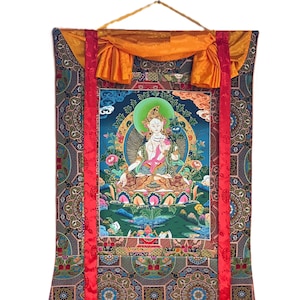 Hand-painted Original White Tara / Mother Goddess Tibetan Thanka / Thangka Painting Compassion Meditation Art with High-Quality Silk Brocade