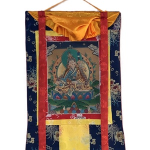 Original Hand-painted Guru Rinpoche/ PADMASAMBHAVA  Old Smoky Tibetan Thangka Painting Bordered with Silkk Brocade