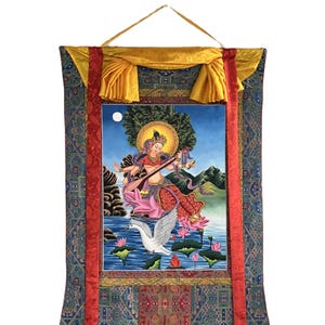 Hand-Painted Saraswati ( Sarasvati ) Thangka | Newari Paubha Art | Goddess of Learning, Music and Art | Luxury Silk Brocade Mount