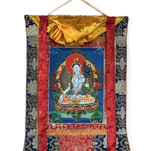 Original Hand Painted White Tara / Mother Goddess / Tibetan Compassion  Meditation Thangka / Thanka Painting with Silk Brocade