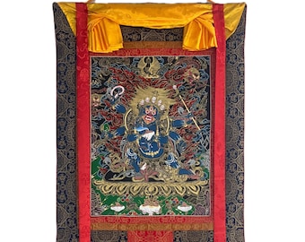 Original Hand Painted Masterpiece Six Armed Black-Cloaked Mahakala / Protector / Tibetan Compassion / Meditation Thangka / Thanka Painting