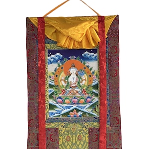 Original Hand Painted Chenrezig  /Avalokiteshvara Compassion Buddha Tibetan  Meditation Thangka / Thanka  Painting With Premium Silk Brocade