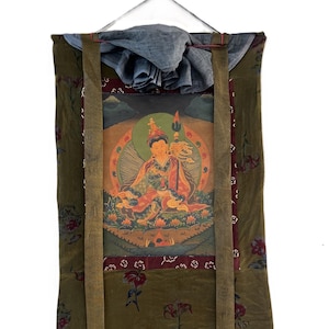 Original Hand-painted Guru Rinpoche/ PADMASAMBHAVA  Old Oil-Varnished Tibetan Thangka Painting Bordered with High-Quality Cotton