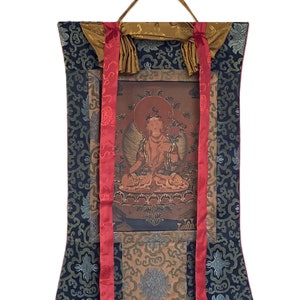 Original Hand-painted White Tara/ Mother Goddess/ Old Oil-Varnished Tibetan Thangka Painting with Silk Brocade