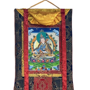 Original Hand-painted Padmasambhava/ Guru Rinpoche Masterpiece Tibetan Thangka Painting/ Buddhist Art with Silk High -Quality Silk Brocade