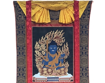 Original Hand-painted  FUDO MYO-O (Acala) (不動明王)/ Wisdom King/ Rare Masterpiece Thangka Painting with High-Quality Silk Brocade