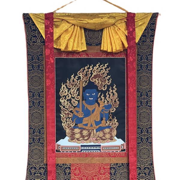 FUDO MYO-O (Acala) (不動明王), Wisdom King, Rare Hand-painted  Originnal Thangka Painting with High-Quality Silk Brocade