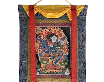 Original handmålad Simhamukhi Vajrayogini Thangka | Lejonansiktad Dakini tibetansk buddhistisk konst | Mästerverk med sidenbrokad