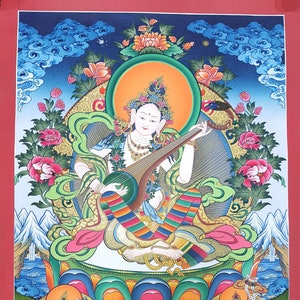 Hand-painted Original Saraswati/ Sarasvati /Goddess of Learning/ Music Masterpiece 24K Gold Tibetan Thangka/ Thanka Painting From Nepal