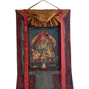 Original Hand-painted Padmasambhava/ Guru Rinpoche/ Masterpiece Old Oil Varnished Tibetan Thangka Painting/ Buddhist Art with Silk Brocade