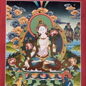 Hand painted Original White Tara / Mother Goddess, Masterpiece Tibetan Thanka  / Thangka  Painting Compassion Meditation Art From Nepal