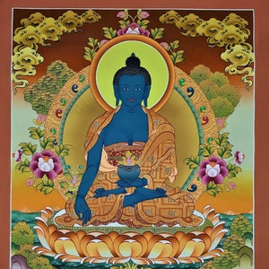 Handgeschilderde MEDICIJN BOEDDHA, Bhaisajyaguru, Boeddha van Genezing en Meditatie, Thangka, 21 x 27-Inch