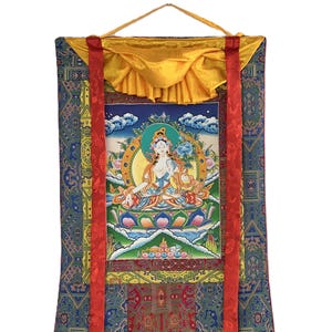 Hand-painted White Tara/ Mother Goddess/ Original Tibetan Thangka Painting/ Meditation Wall Hanging Bordered with Premium Khadi Silk