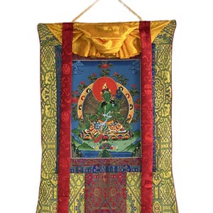 Original Hand-painted Green Tara  Mother Goddess Shyamatara Tibetan Thangka Painting with High-Quality Silk Brocade