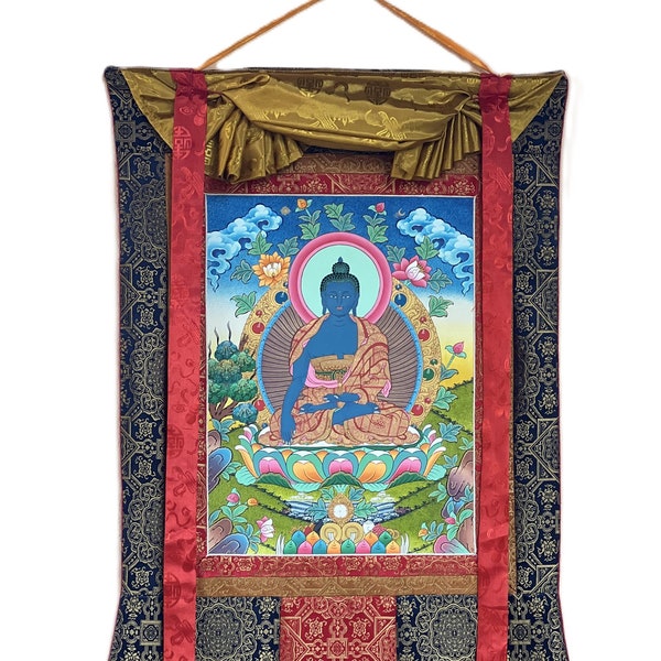 Originnal Hand-painted Medicine Buddha, Bhaisajyaguru, Tibetan Thangka Painting  with Premium Silk Brocade