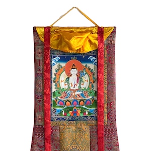 Original handbemaltes, achtarmiges Chenrezig Avalokiteshvara Thangka – Tibetisch-buddhistische Kunst, Mitgefühl-Bodhisattva mit Seidenbrokat