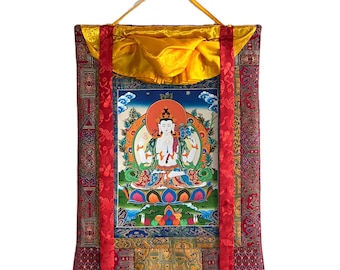 Original Hand-Painted Eight-Armed Chenrezig Avalokiteshvara Thangka – Tibetan Buddhist Art, Compassion Bodhisattva with Silk Brocade