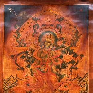 Original Newari Paubha Thangka Malerei der Grünen Tara | Handbemalte tibetisch-buddhistische Göttin mit Öl-Firnis-Finish