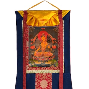 Original Hand-painted White Tara/ Mother Goddess/ Semi Old Oil-Varnished Tibetan Thangka Painting with new Silk Brocade
