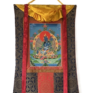 Original Hand-Painted Blue Tara Mother Goddess of Protection Tibetan Thangka Painting | Buddhist Meditation Art With High-Quality Silk Frame