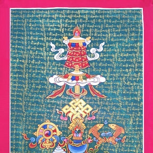Original Hand Painted Eight Auspicious Symbols, or Ashtamangala Tibetan Meditation Thangka / Thanka Painting