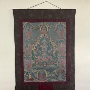 Vintage Avalokiteshvara / Chenrezig Original Hand-Painted Masterpiece Tibetan Thangka Painting with A Narrow Border