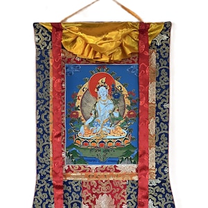 Original Hand Painted White Tara / Mother Goddess / Tibetan Compassion  Meditation Thangka / Thanka Painting with Silk Border