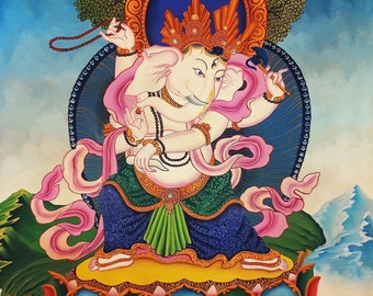 ネパール チベット仏教プリント キャンバス 主ガネーシャ ミニ タンカ