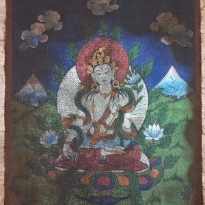 White Tara Mother Goddess | Acrylic Painting on Canvas | Genuine Hand-Painted Buddhist Art | Authentic VINTAGE Collection from Nepal