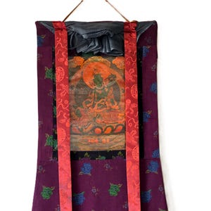Original Hand-painted Green Tara/ Mother Goddess Old Oil Varnished Tibetan Thangka Painting framed with Cotton Brocade