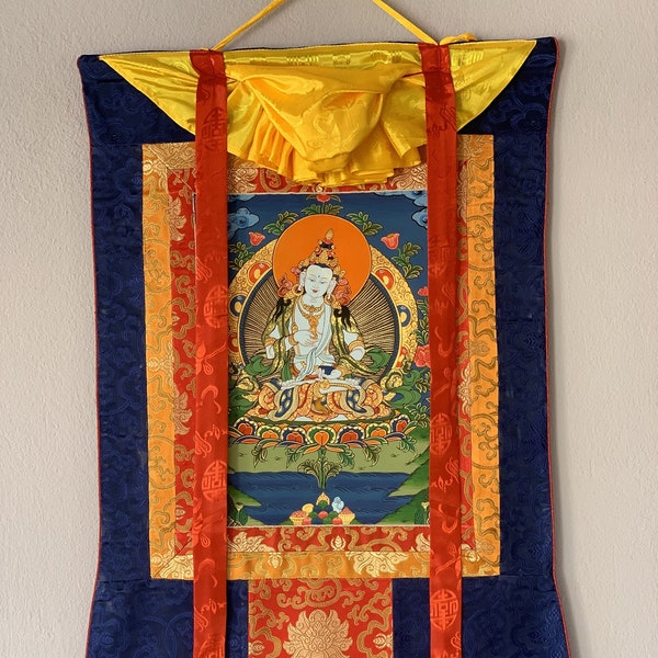 Hand-painted Vajrasattva, Dhyani Buddha, Purification, Thangka  Painting  with Silk Brocade