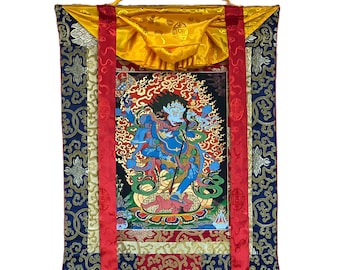 Hand-Painted Simhamukhi Yogini Lion-Faced Dakini Vajra Yogini Tibetan Thangka Painting Bordered with Silk