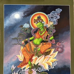 Original handgemaltes sehr hochwertiges Meisterwerk Grüne Tara / Shyamtara Newari Paubha / Pauva / Thangka Malerei Mitgefühl Meditation Kunst