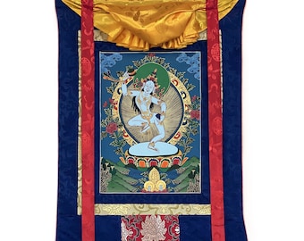 Original Hand-Painted Machig Labdron Tibetan Yogini  Masterpiece Tibetan Thangka Painting/ Buddhist Art/ Home/ Wall Décor  with Silk Brocade