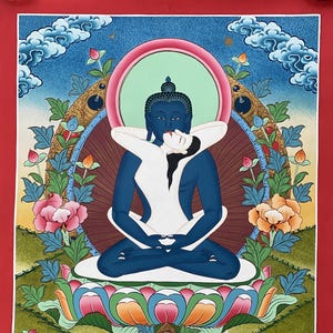 May include: A thangka painting depicting a blue-skinned deity in a meditative pose, embracing a white-skinned figure. The central figures sit on a multi-colored lotus throne, surrounded by floral motifs, clouds, and a red border frame.