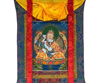 Hand-painted Padmasambhava Guru Shakti Guru Rinpoche, With Consort Mandarava Master Quality Tibetan Thangka Painting with Silk Brocade