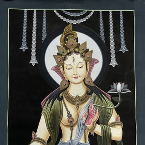 Original handgemalte weiße Tara / Mutter Tara Meisterwerk Newari tibetische Thangka / Thanka Malerei / Mitgefühl Meditation Kunst aus Nepal