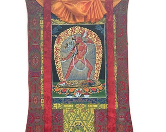 Original Hand- Painted Vajrayogini/ Jogini/ Dakini Master Quality Tibetan Thangka Painting with Premium Silk Brocade