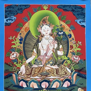 Hand painted Original White Tara / Mother Goddess  Tibetan Thanka /Thangka / Painting Compassion Meditation Art  From Nepal