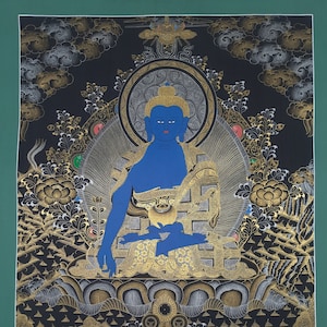 Original Handgemalt Medizin Buddha / Bhaisajyaguru Masterpiece Tibetische Wandbehang Thangka Malerei Mitgefühl Meditation aus Nepal