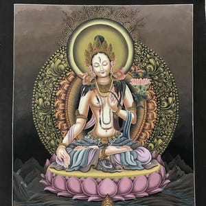 Original handgemalte weisse Tara / Muttergöttin / Meister Newari Paubha Thangka Malerei / Mitgefühl Meditationskunst aus Nepal
