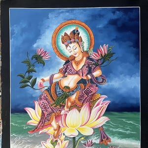Original Hand-Painted High-Quality Masterpiece White Tara / Mother Goddess  - Traditional Newari Paubha Thangka Painting From Nepal