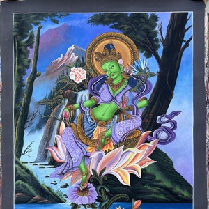Original handgemaltes, sehr hochwertiges Meisterwerk Grüne Tara/ Shyamtara Newari Paubha/ Pauva/ Thangka Gemälde Mitgefühl Meditationskunst