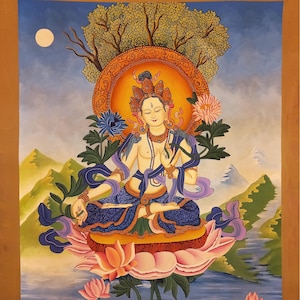 Original Handgemalte Die Weiße Tara / Mutter Tara Meisterwerk SMOKY Newari Paubha Thangka Malerei / Mitgefühl Meditations Kunst aus Nepal
