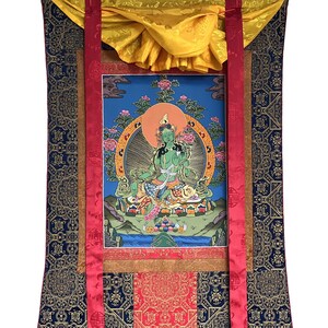 Original Hand-painted, Green Tara, Shyamatara Tibetan Thangka Painting with High-Quality Silk Brocade