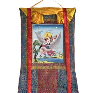 Hand-Painted Saraswati Thangka Painting | Goddess of Learning, Art, and Music | Home Decor, Mounted with High-Quality Silk Brocade