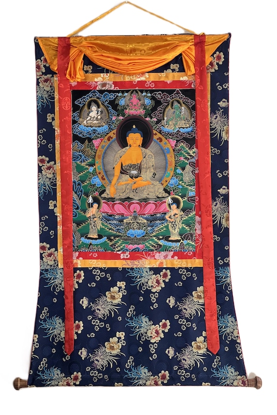 Thangka Tibetano Shakyamuni - Arazzo Buddha Con Stampa Dorata, Decorazione Zen E Spirituale
