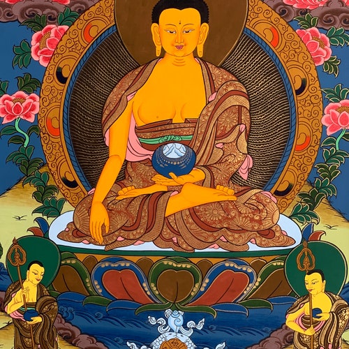 Hand-painted, Shakyamuni, Gautama Buddha, offers Tibetan Thangka Painting 15 x 20-inch