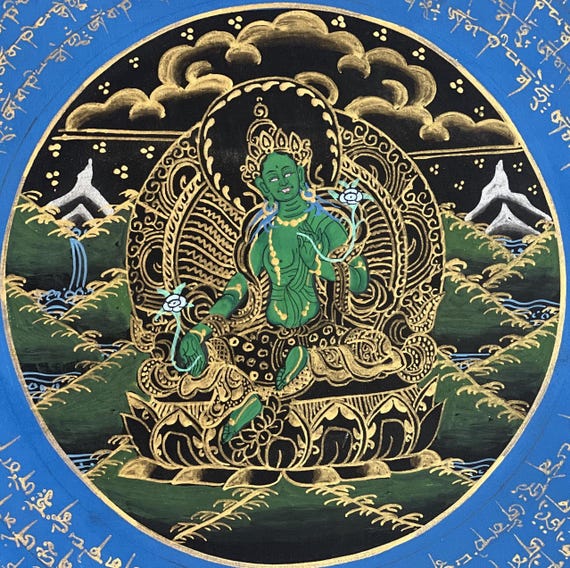 Hand-painted Green Tara Mandala Thangka | Nepalese Buddhist Wall
